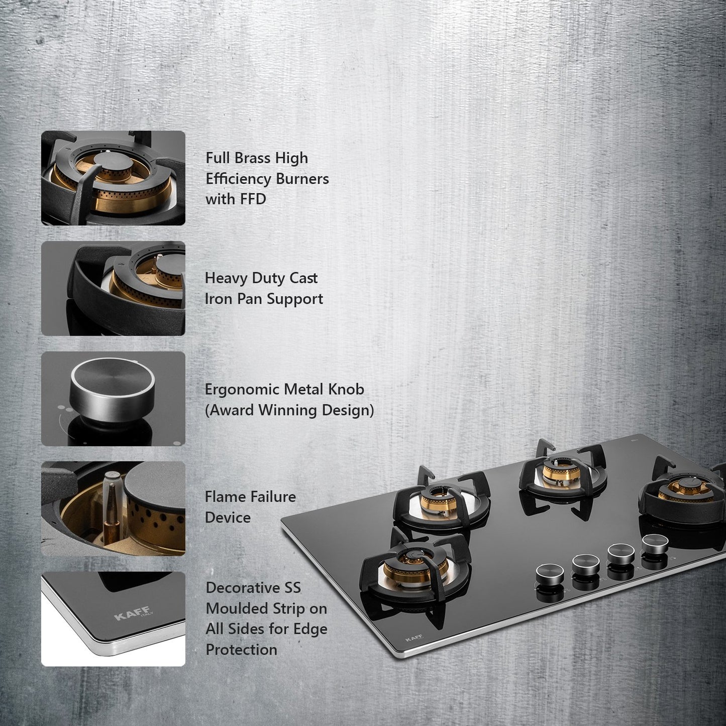 Kaff BLH-F 804/BLH-F 804X BLK-Built in Hob, 4 Full Brass High Efficiency Burners, FFD, Auto Ignition