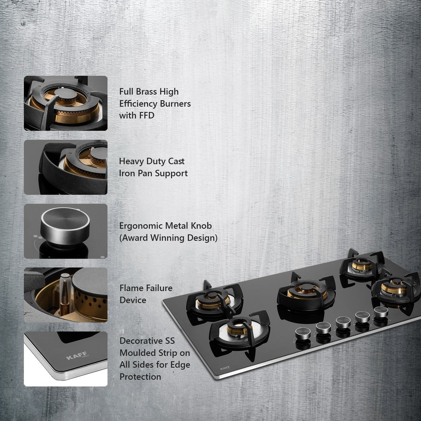 Kaff BLH-F 865X-Built-in Hob, 5 Full Brass High Efficiency Burners, Flame Failure Device, Auto Ignition