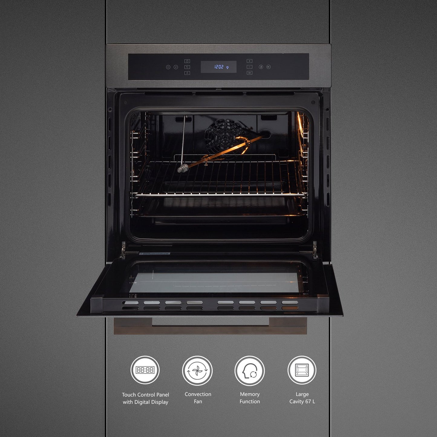 Kaff MZ OV6 TN-Built-in Oven, Black Glass with Titanium Finish Fascia, 60cm ELECTRIC OVEN with True Convection