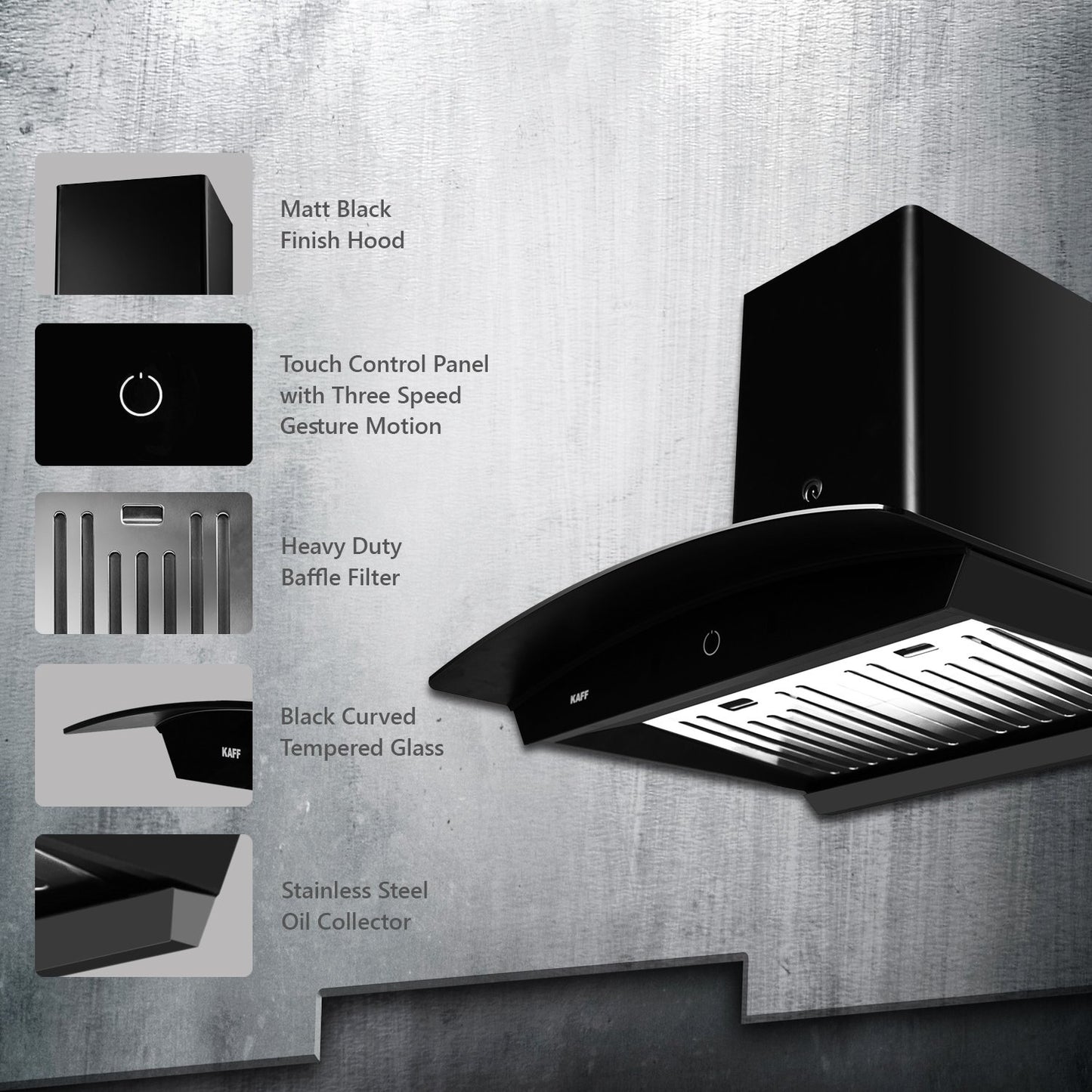 Kaff SIGMA DHC 60-Kitchen Chimney, Baffle Filters, Auto Clean Technology, Matt Black Finish