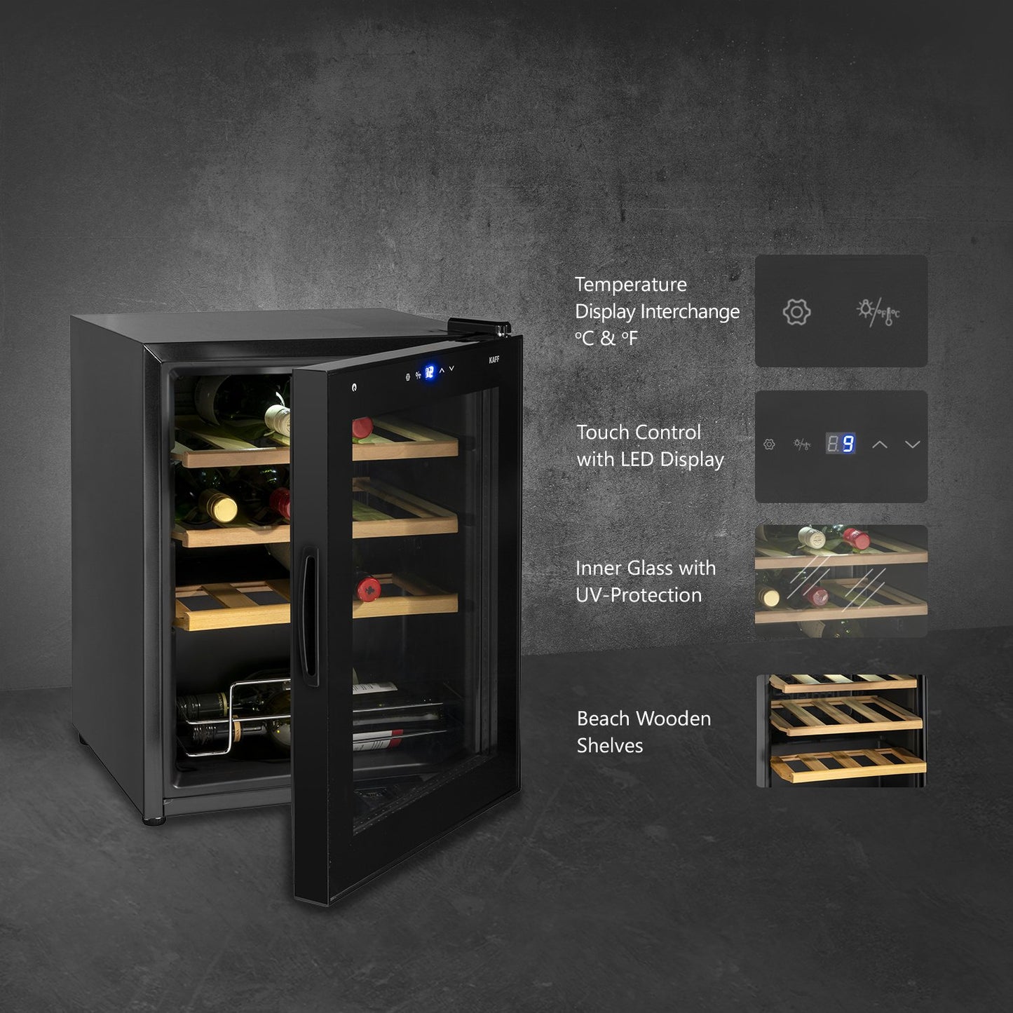 Kaff WC 42 BW-Wine Cooler (Free Standing), 16 Bottles Capacity, Automatic Control Panel Locking Function