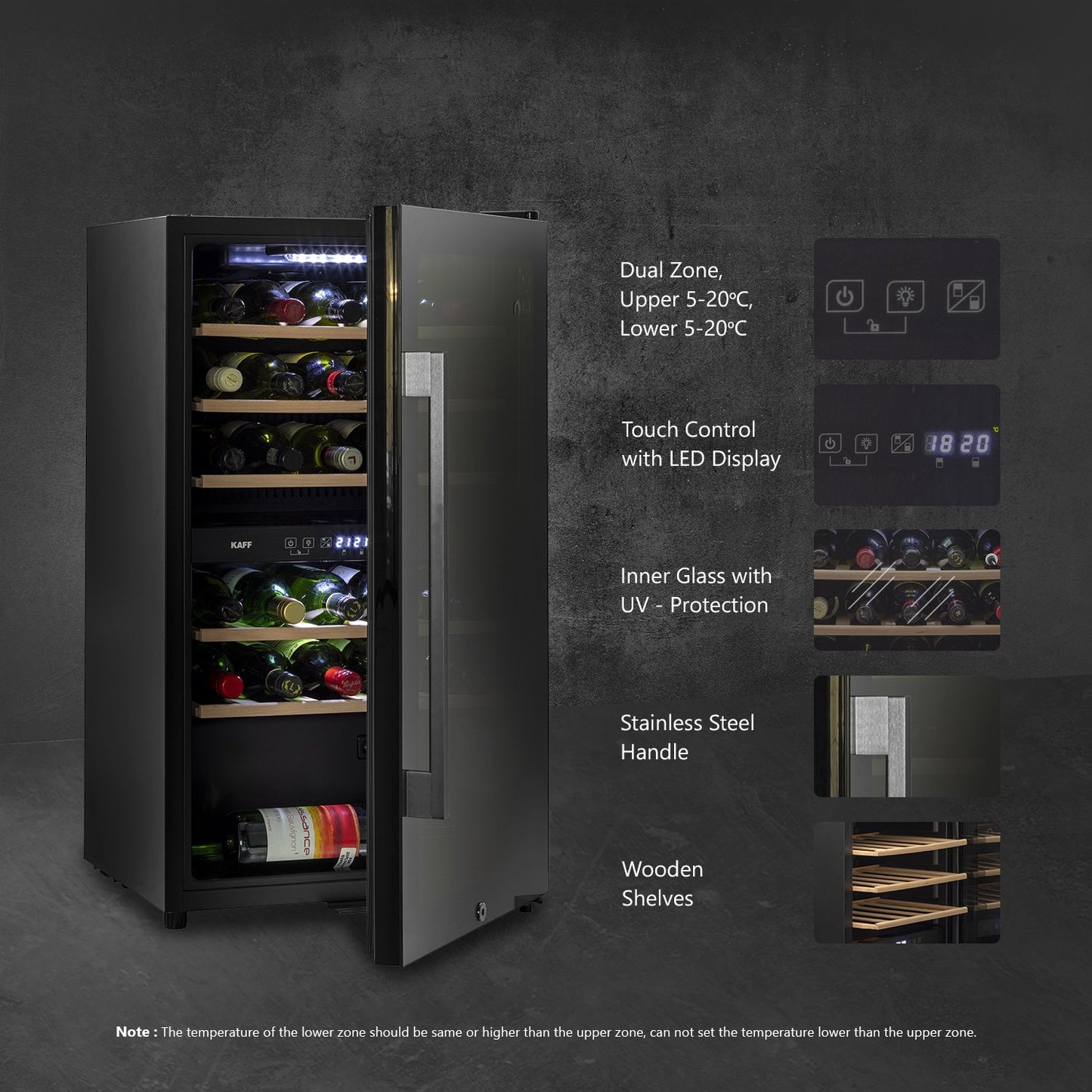 Kaff WC 76 DZ-Wine Cooler (Free Standing), Dual Zone Temperature Control,  29 Bottles Capacity Approx.