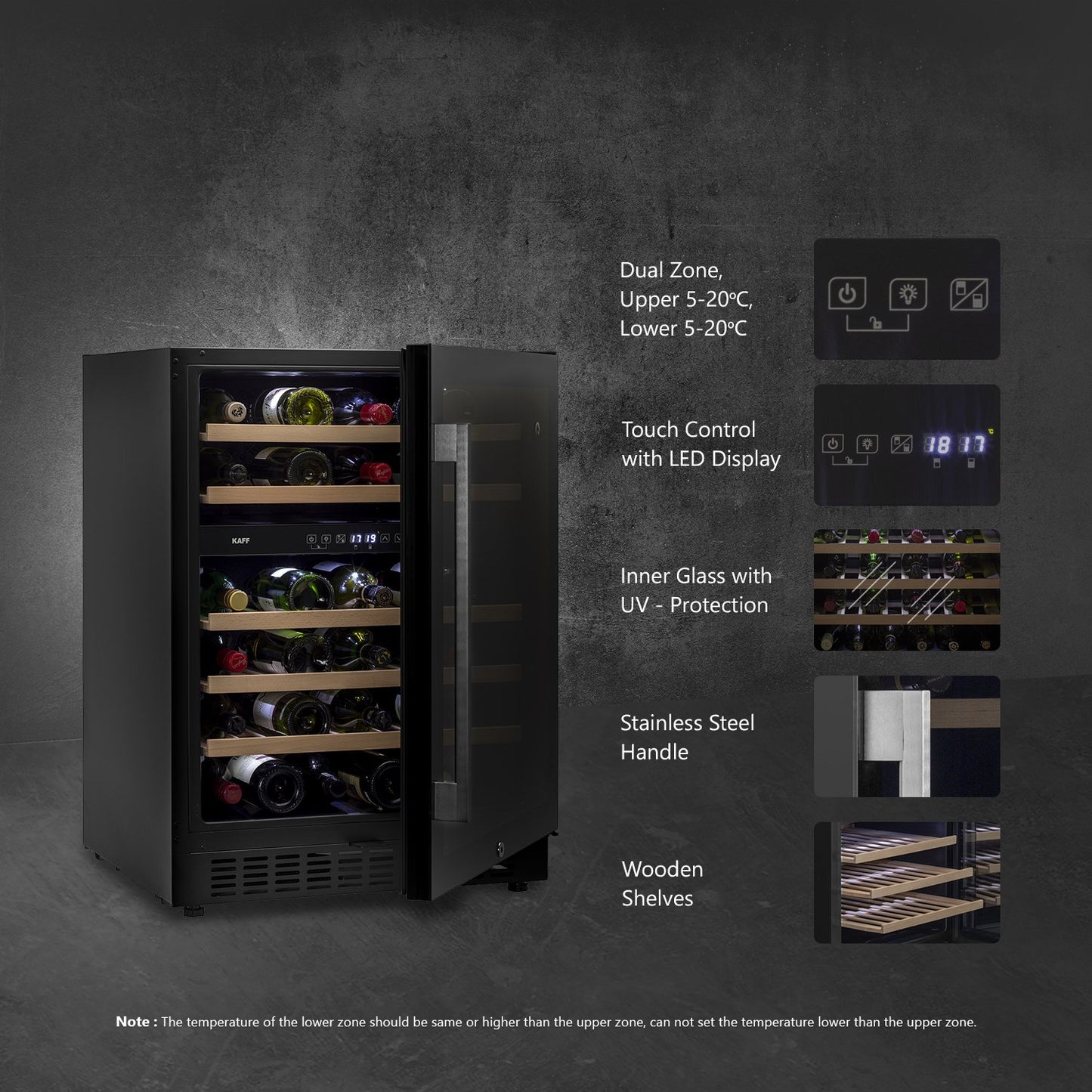 Kaff WC135-DZ Wine Cooler (Built-in ), Dual Zone, Capacity-46 Bottles Approx.