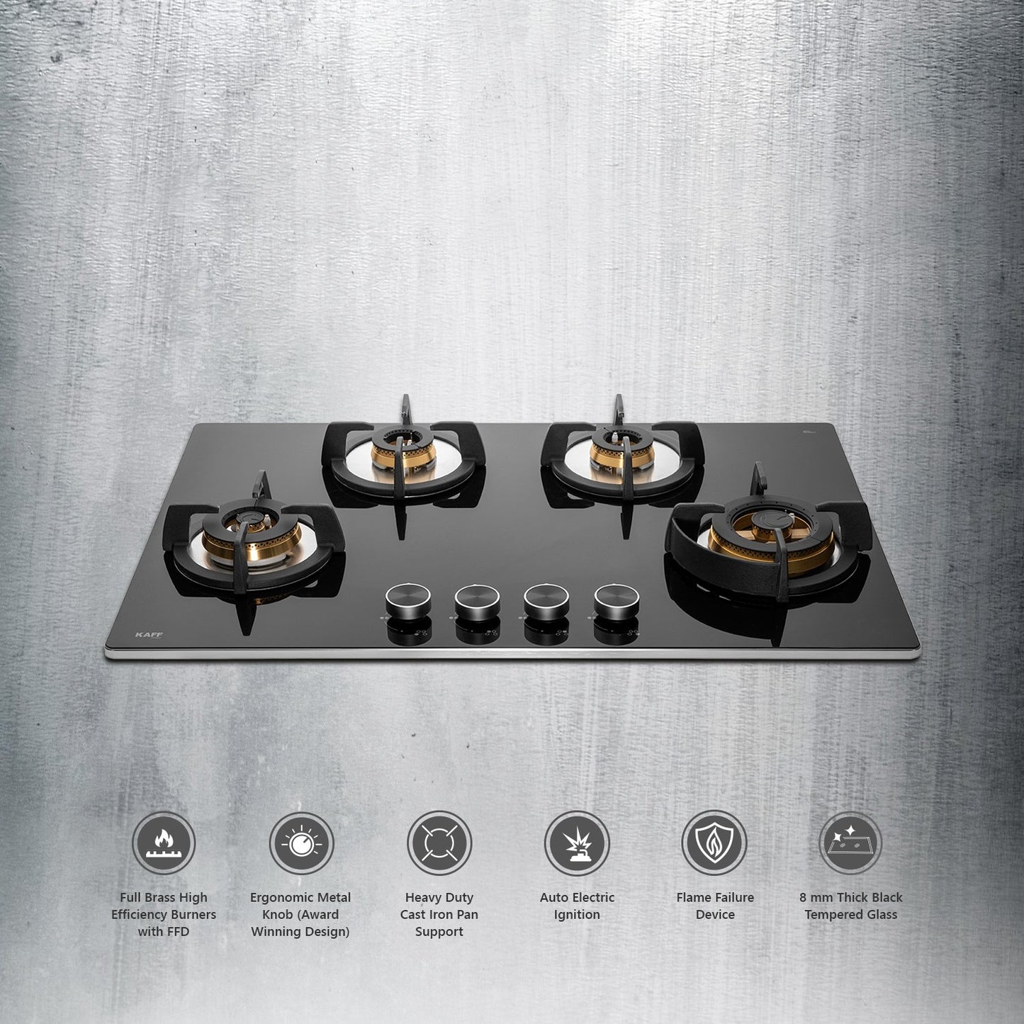 Kaff BLH-F 804/BLH-F 804X BLK-Built in Hob, 4 Full Brass High Efficiency Burners, FFD, Auto Ignition