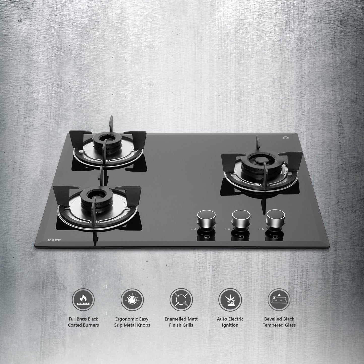 Kaff FBB 603-Built-in Hob, 3 Full Brass Burners, Auto Electric Ignition