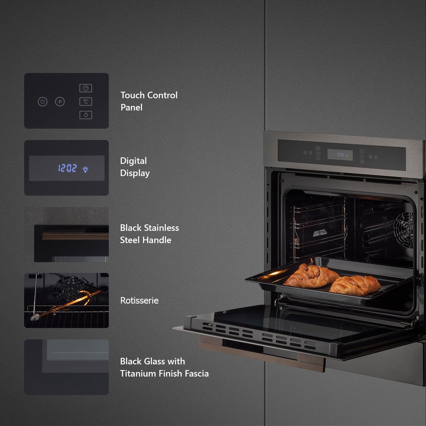 Kaff MZ OV6 TN-Built-in Oven, Black Glass with Titanium Finish Fascia, 60cm ELECTRIC OVEN with True Convection