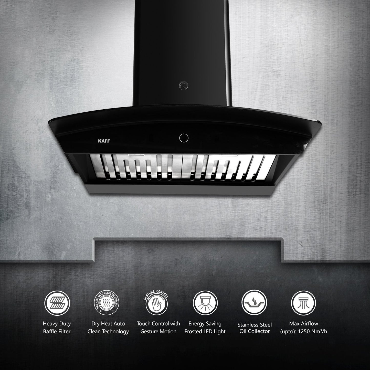 Kaff SIGMA DHC 60-Kitchen Chimney, Baffle Filters, Auto Clean Technology, Matt Black Finish