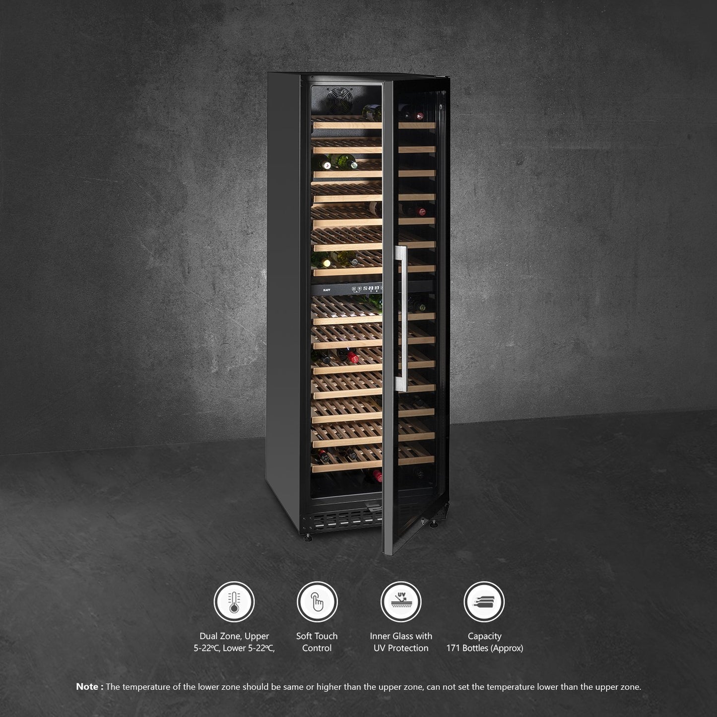 Kaff WC 418 DZ-Wine Cooler (Free Standing), Dual Zone, 171 Bottles Capacity Approx., Child Lock