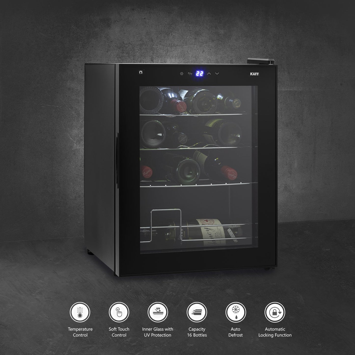 Kaff WC 42-Wine Cooler (Free Standing), 16 Bottles, Auto Defrost, Touch Control