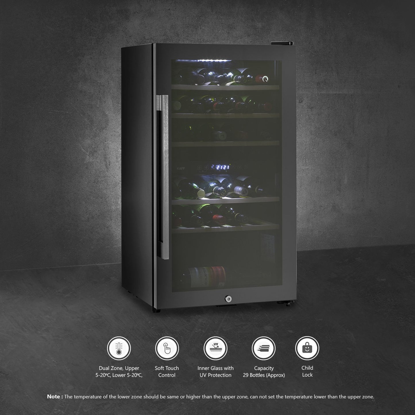 Kaff WC 76 DZ-Wine Cooler (Free Standing), Dual Zone Temperature Control,  29 Bottles Capacity Approx.