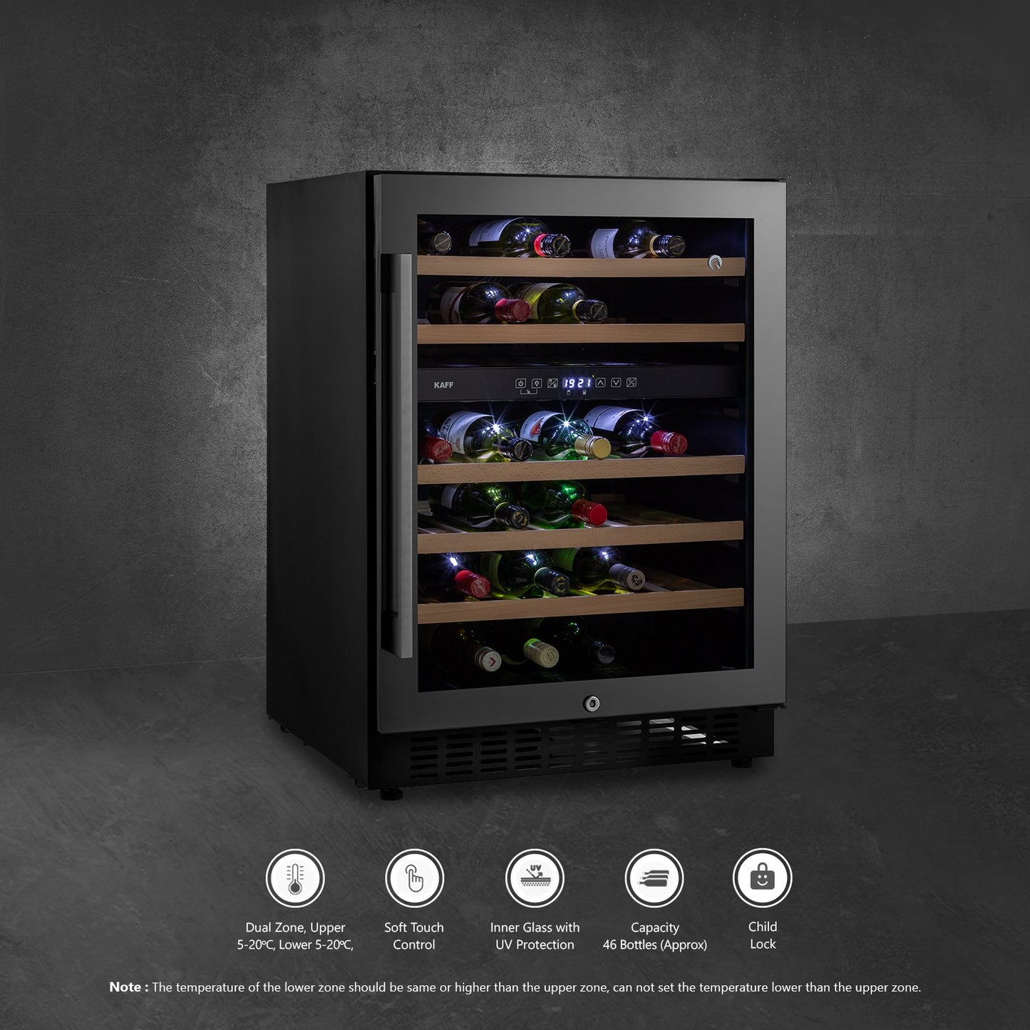 Kaff WC135-DZ Wine Cooler (Built-in ), Dual Zone, Capacity-46 Bottles Approx.