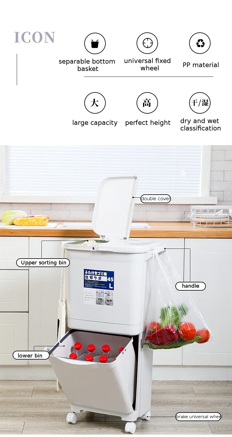 Willow Kitchen Trash Can Recycle Bin Sorting Trash Bin Household Dry And Wet Separation Waste Bin Classification Rubbish Bin with wheel