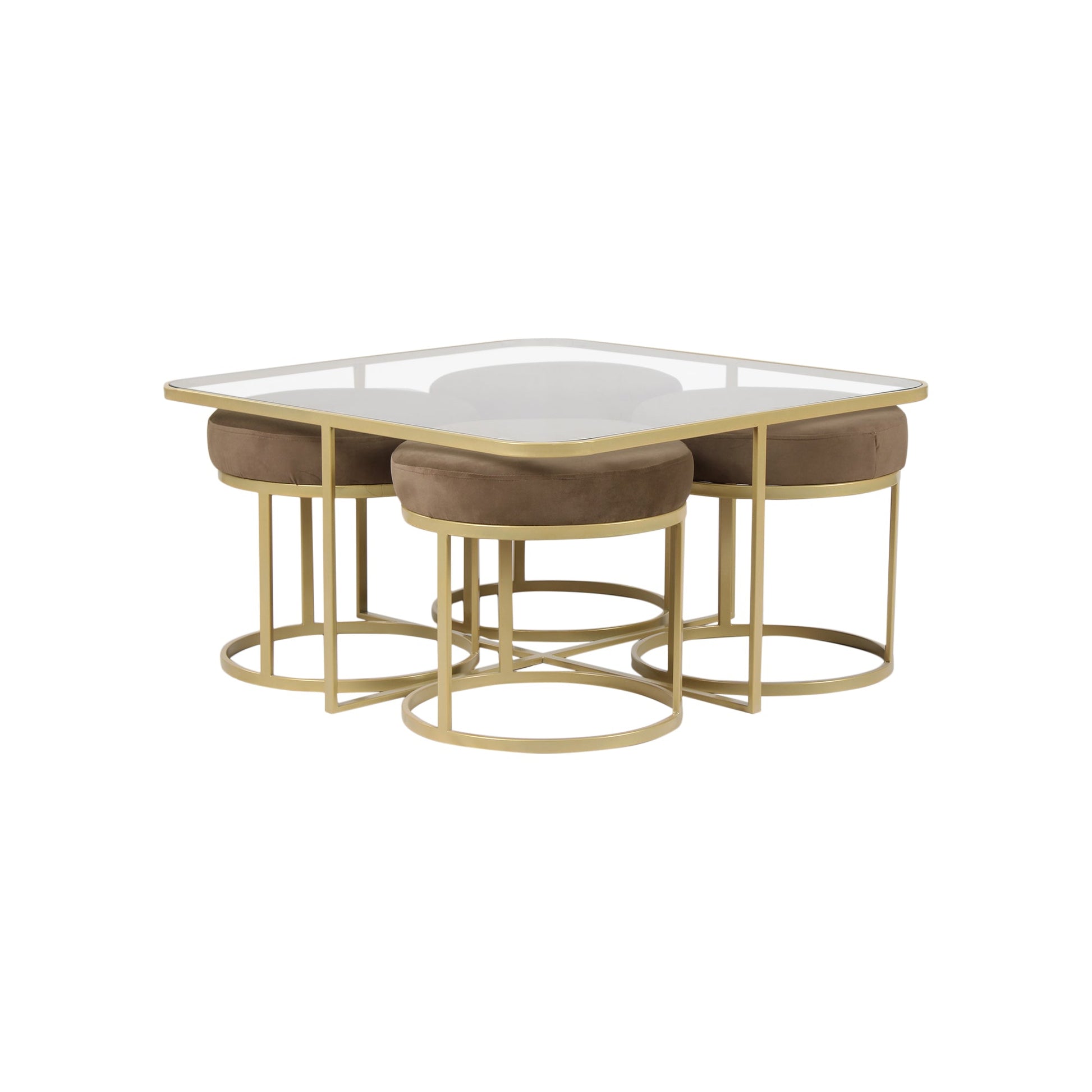 BeanBistro Clear Glass Coffee Table Set With 4 Stools In Gold Finish