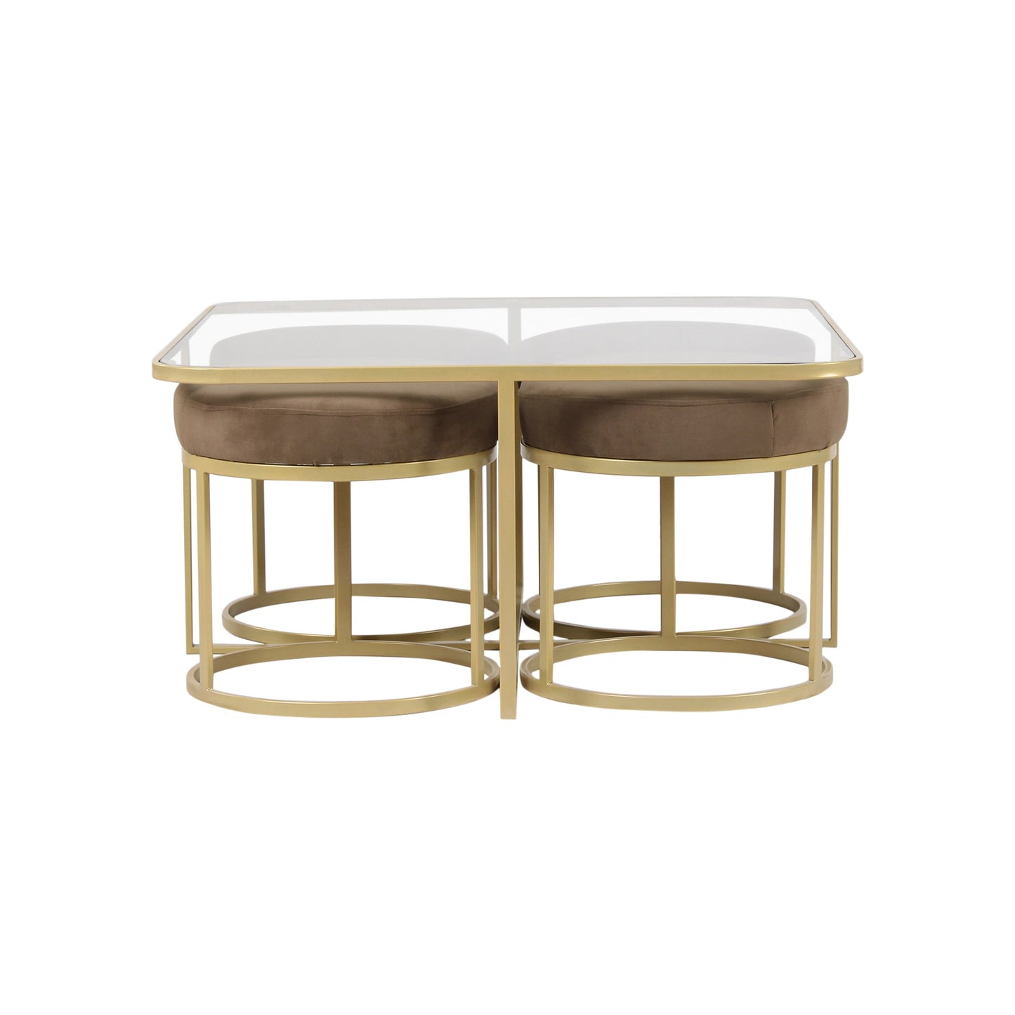 BeanBistro Clear Glass Coffee Table Set With 4 Stools In Gold Finish