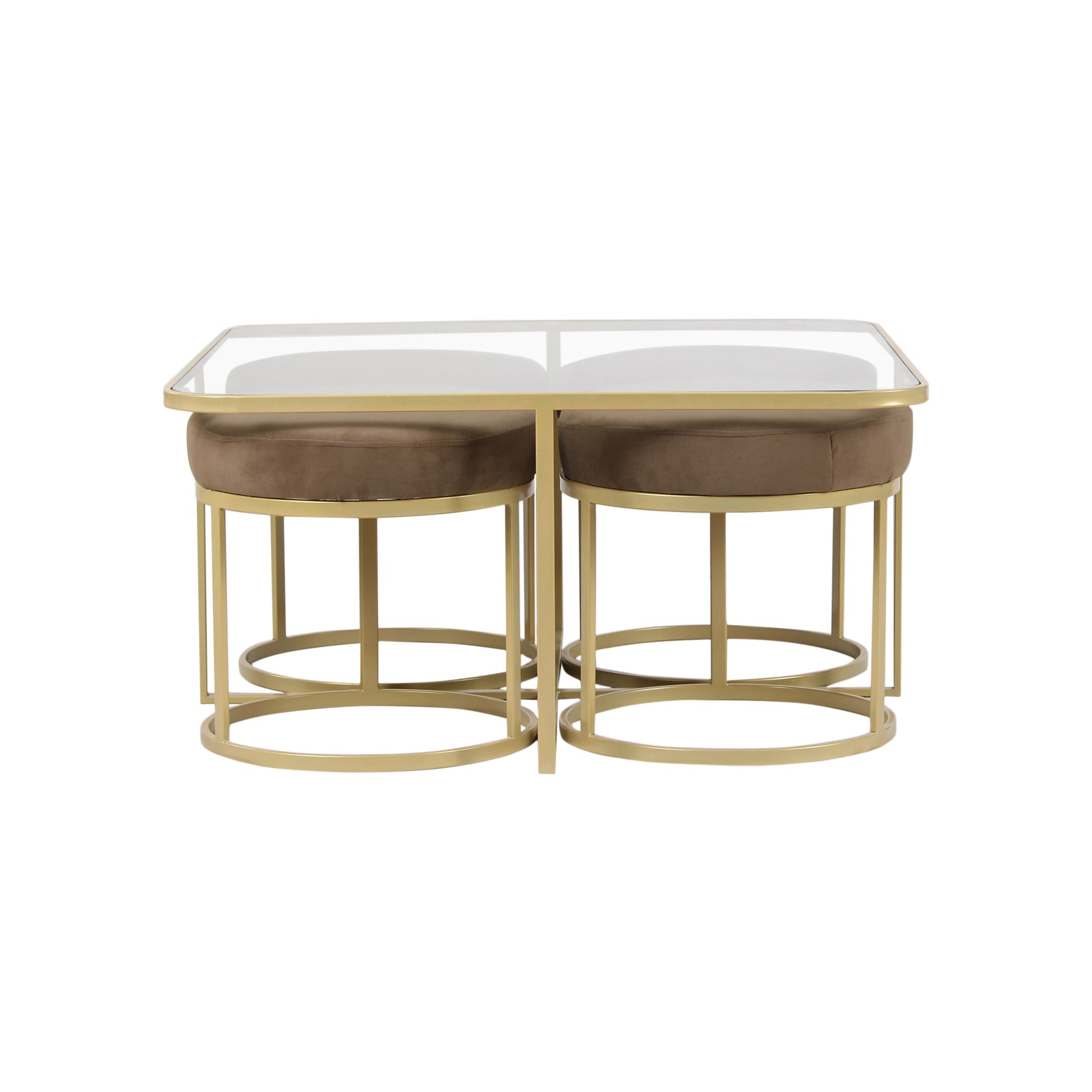 BeanBistro Clear Glass Coffee Table Set With 4 Stools In Gold Finish