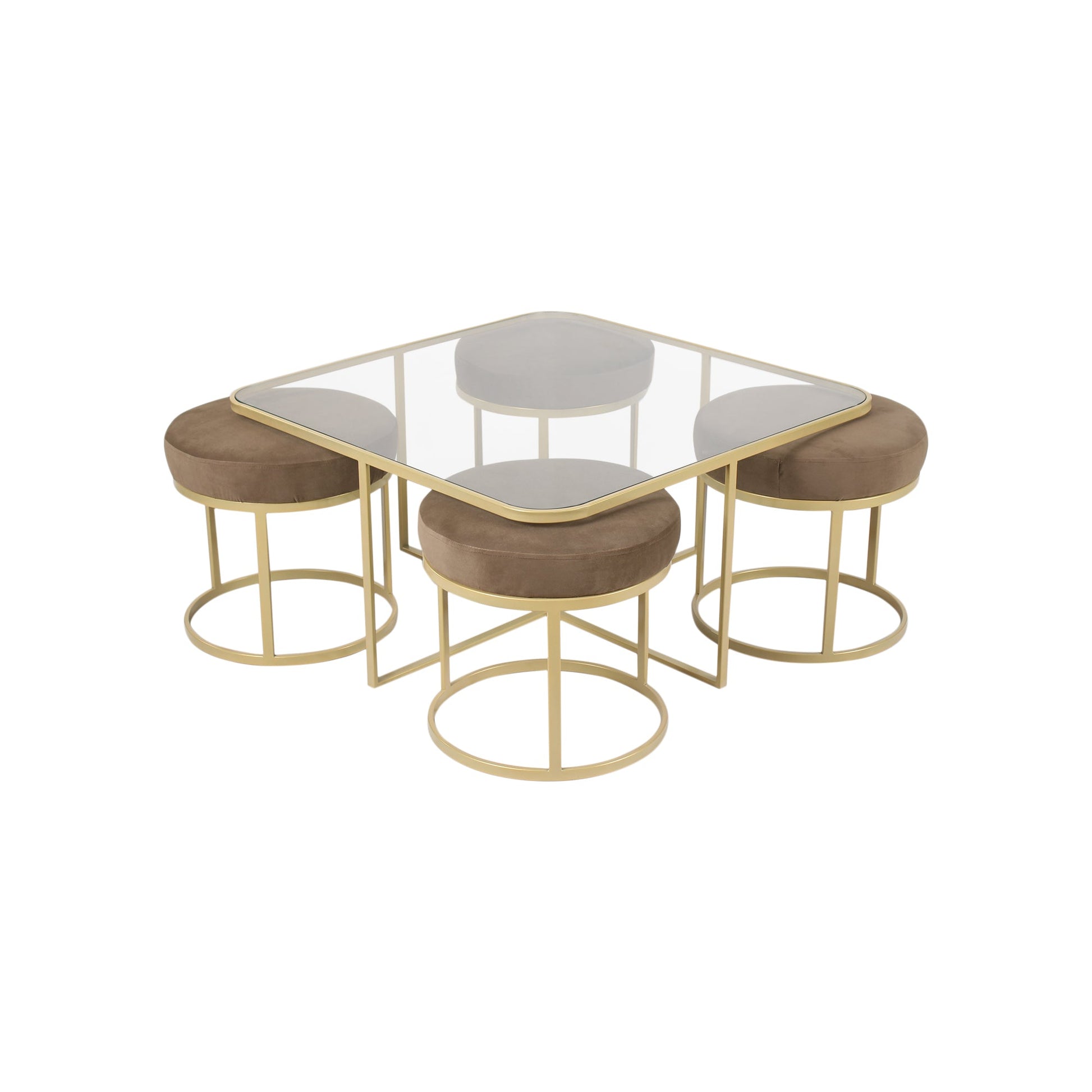 BeanBistro Clear Glass Coffee Table Set With 4 Stools In Gold Finish