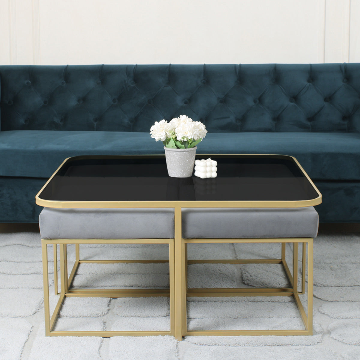 BeanBistro Black Glass Coffee Table Set With 4 Stools In Gold Finish