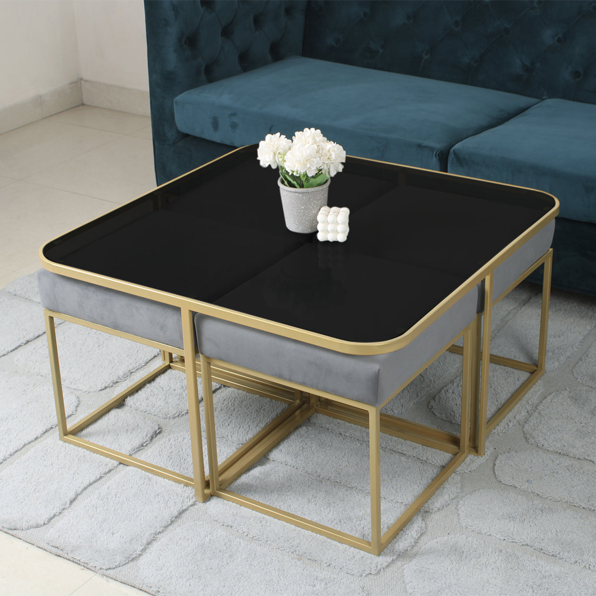 BeanBistro Black Glass Coffee Table Set With 4 Stools In Gold Finish