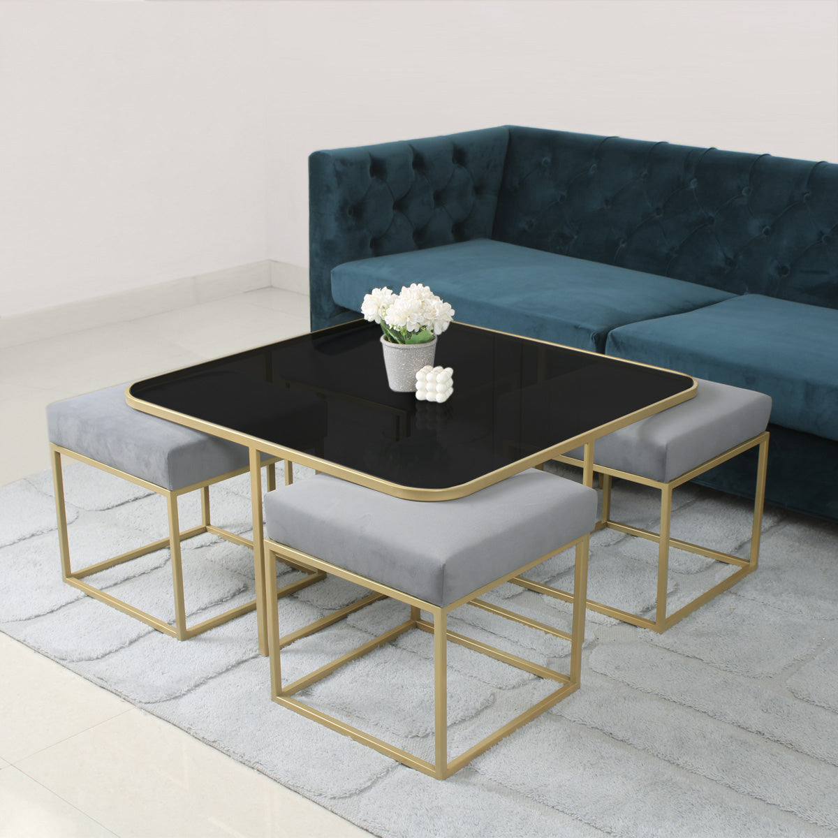 BeanBistro Black Glass Coffee Table Set With 4 Stools In Gold Finish