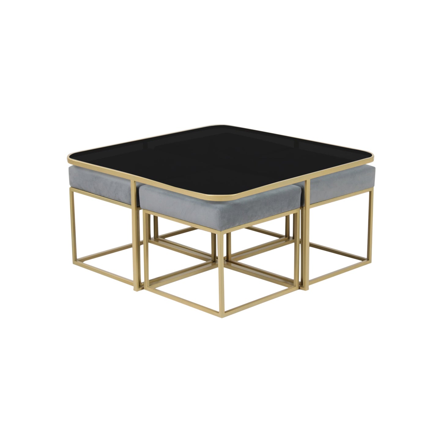 BeanBistro Black Glass Coffee Table Set With 4 Stools In Gold Finish