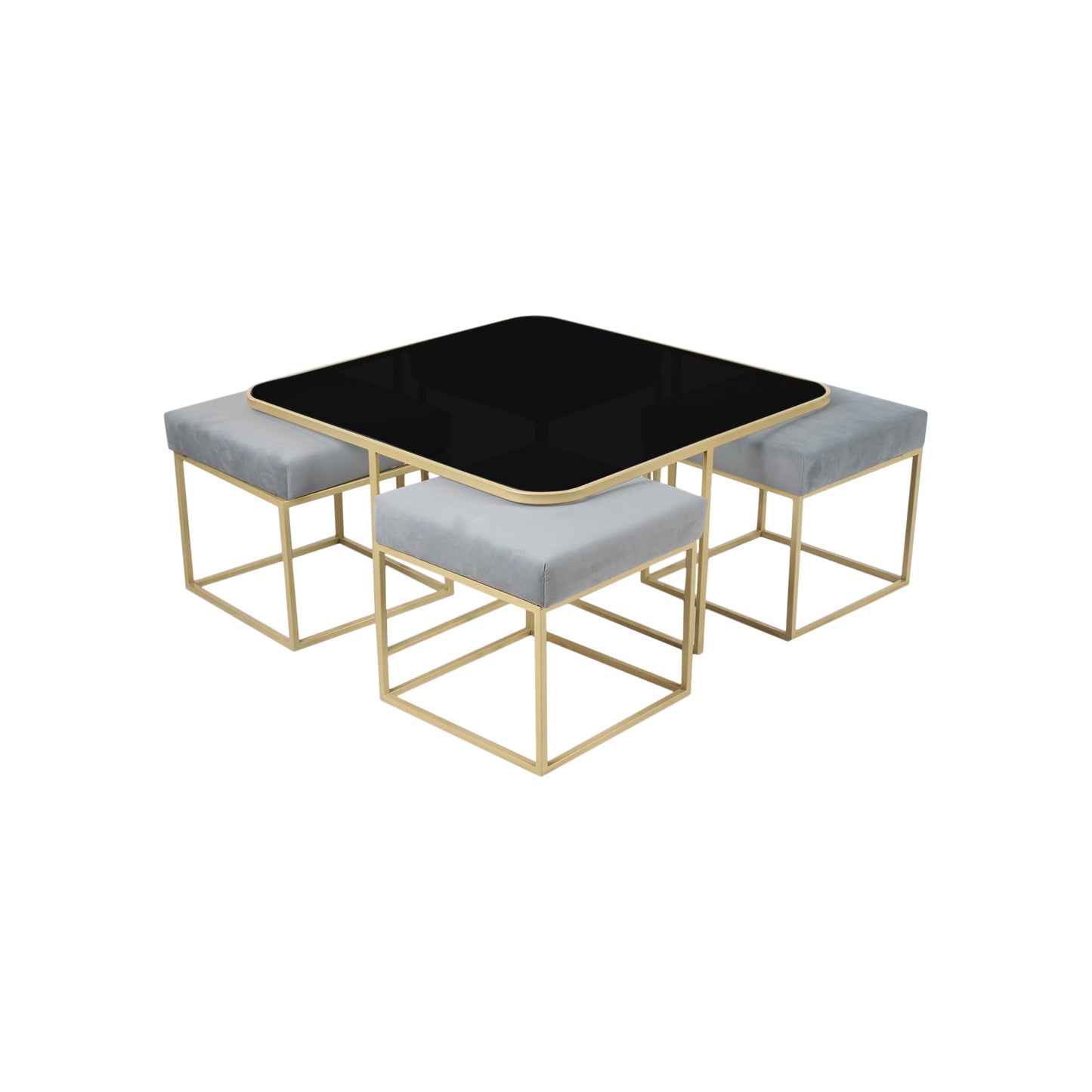 BeanBistro Black Glass Coffee Table Set With 4 Stools In Gold Finish