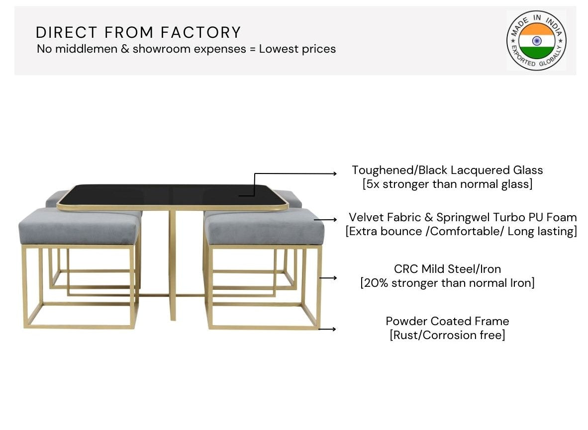 BeanBistro Black Glass Coffee Table Set With 4 Stools In Gold Finish