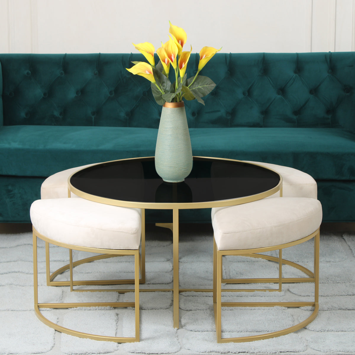 BeanBistro Black Glass Coffee Table Set With 4 Stools In Gold Finish