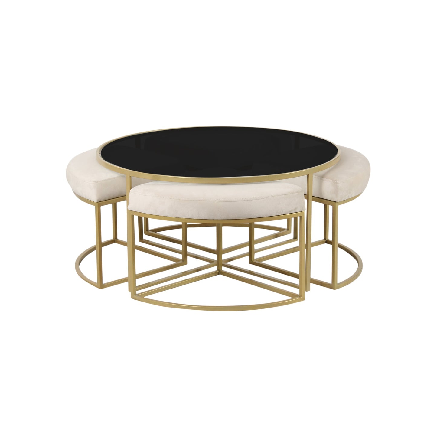 BeanBistro Black Glass Coffee Table Set With 4 Stools In Gold Finish