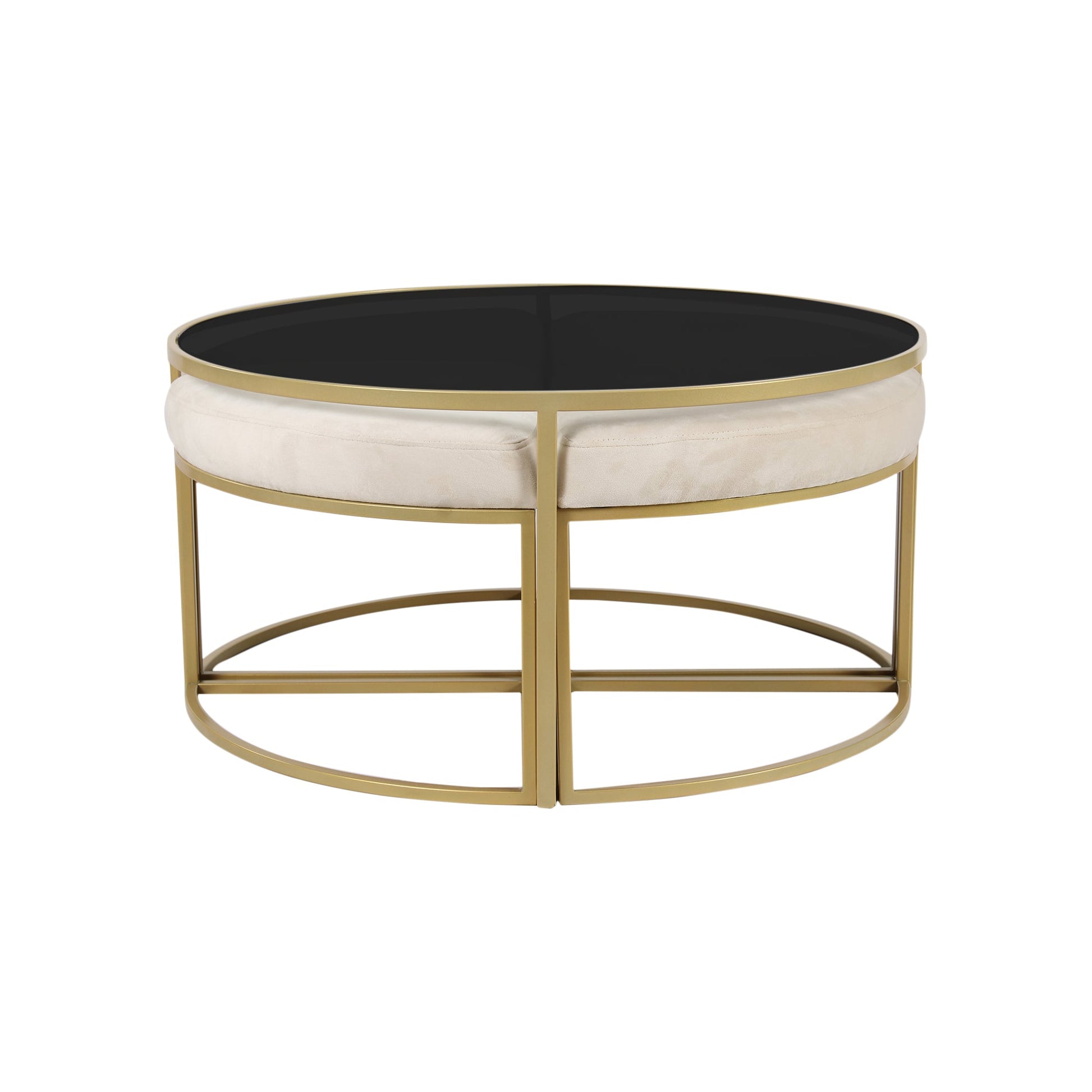 BeanBistro Black Glass Coffee Table Set With 4 Stools In Gold Finish