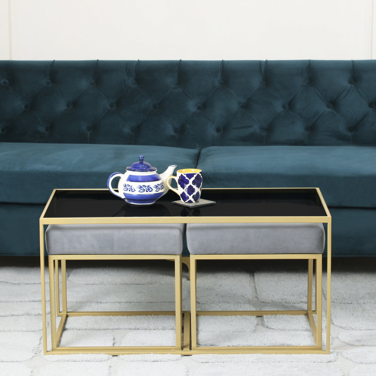 BeanBistro Black Glass Coffee Table Set With 2 Stools In Gold Finish