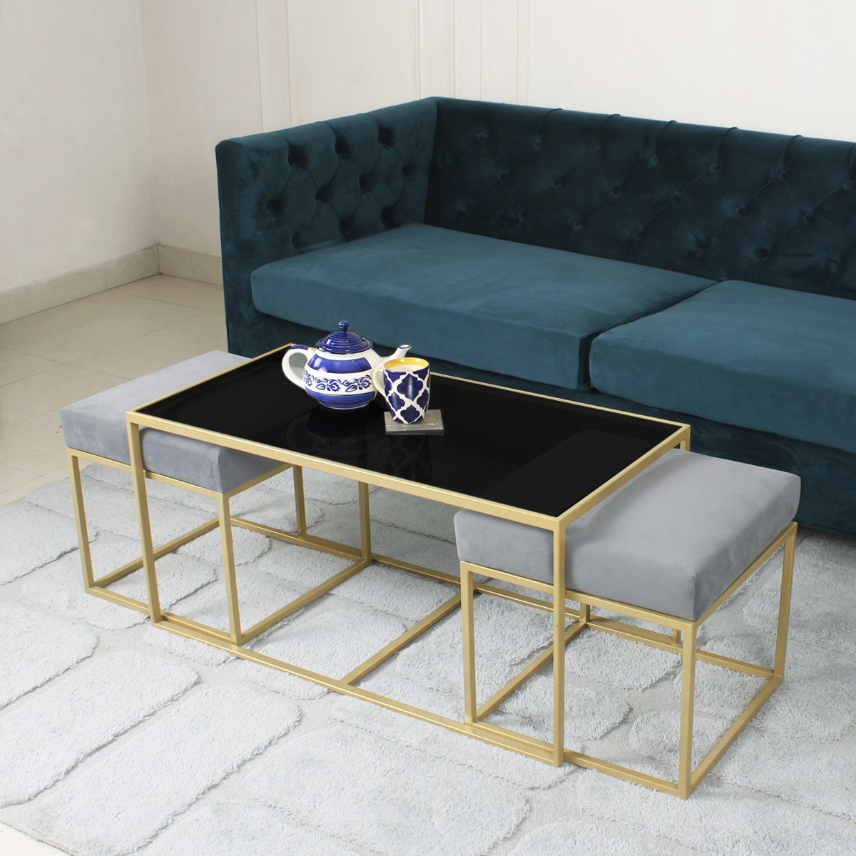 BeanBistro Black Glass Coffee Table Set With 2 Stools In Gold Finish