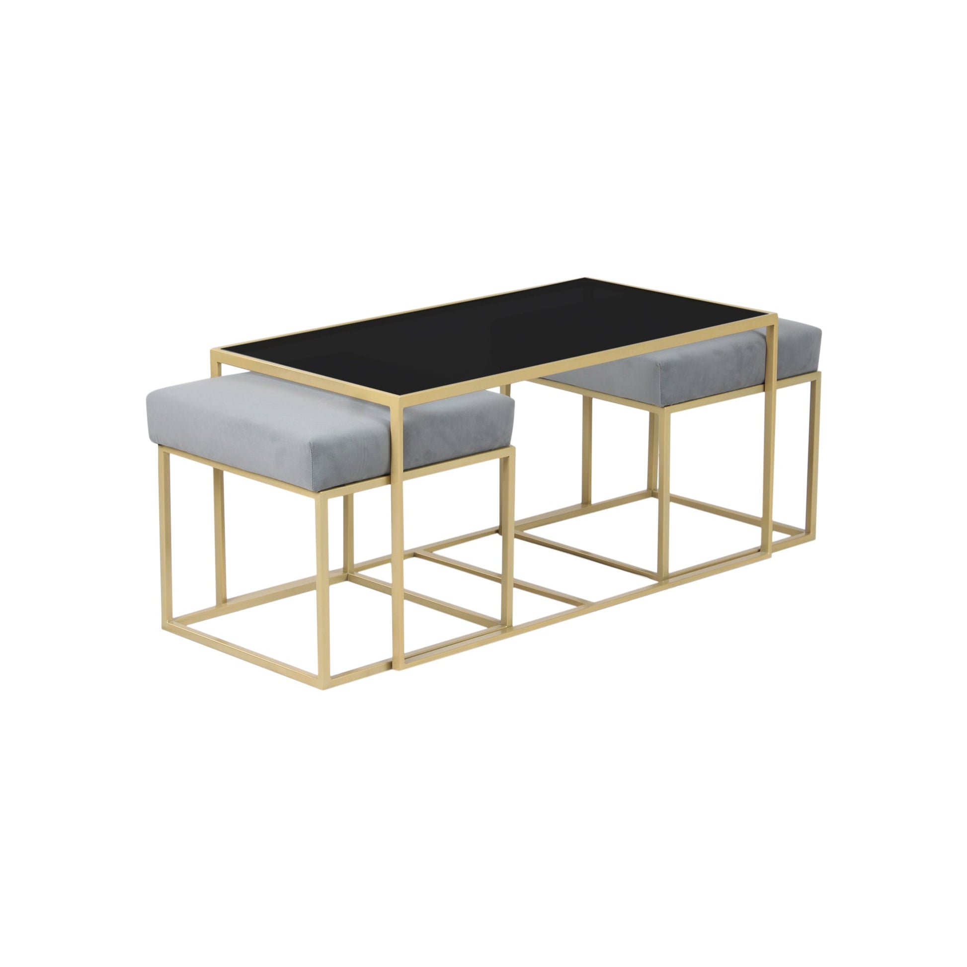 BeanBistro Black Glass Coffee Table Set With 2 Stools In Gold Finish