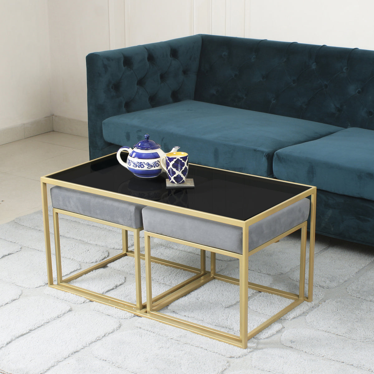 BeanBistro Black Glass Coffee Table Set With 2 Stools In Gold Finish