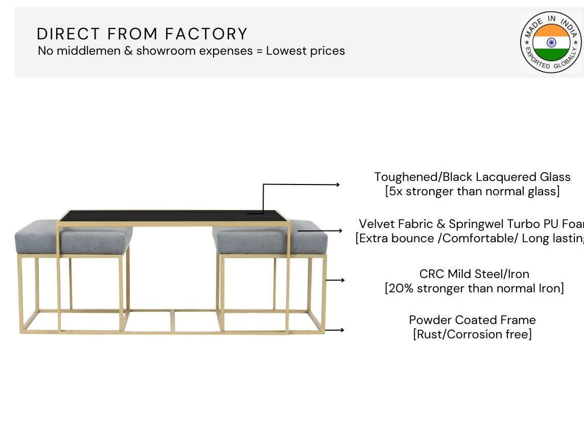 BeanBistro Black Glass Coffee Table Set With 2 Stools In Gold Finish