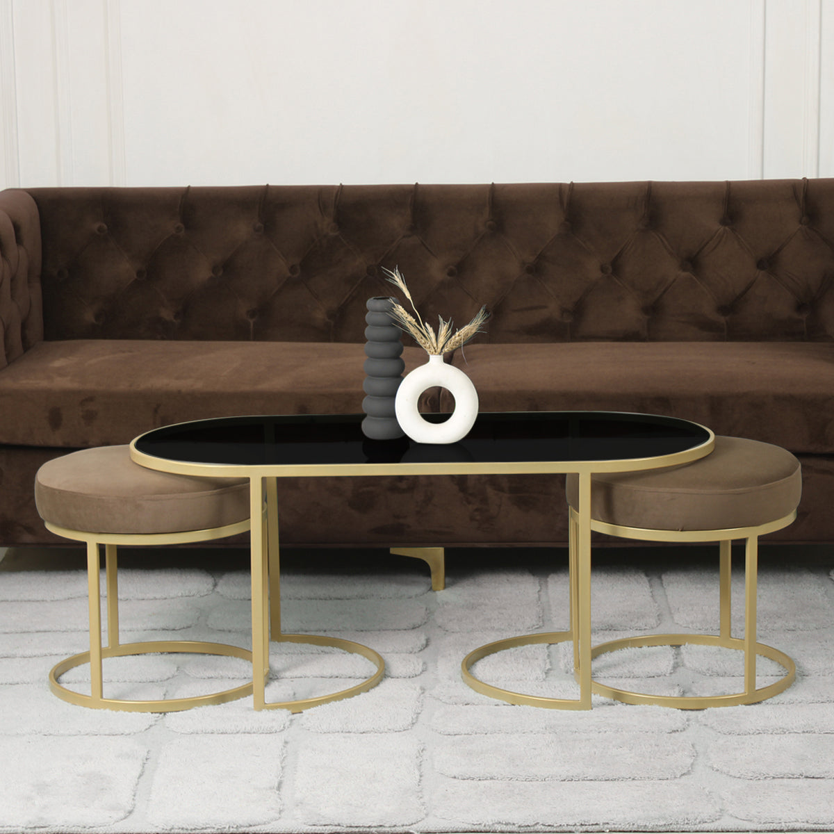 BeanBistro Black Glass Coffee Table Set With 2 Stools In Gold Finish