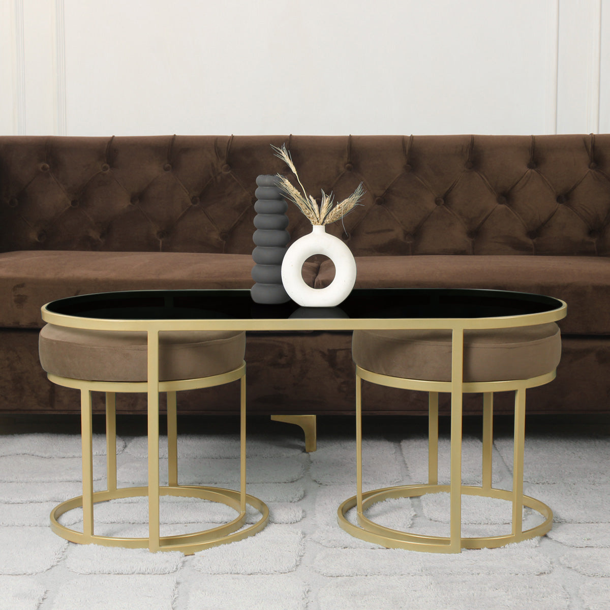 BeanBistro Black Glass Coffee Table Set With 2 Stools In Gold Finish