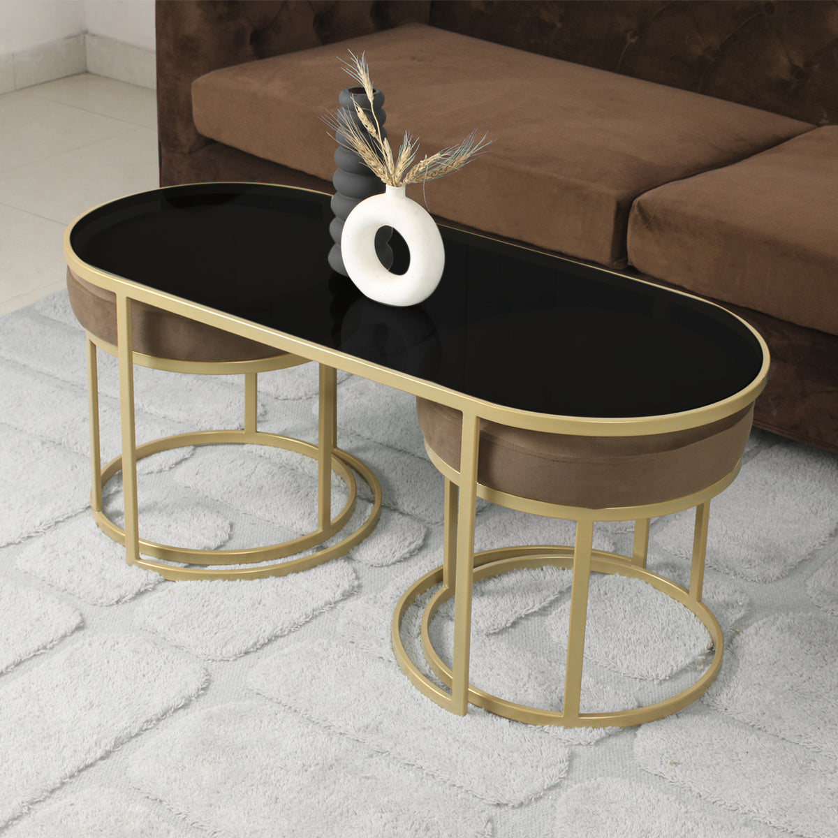 BeanBistro Black Glass Coffee Table Set With 2 Stools In Gold Finish