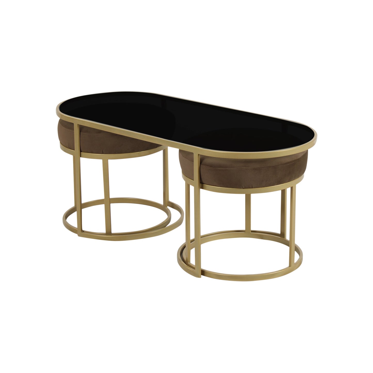 BeanBistro Black Glass Coffee Table Set With 2 Stools In Gold Finish