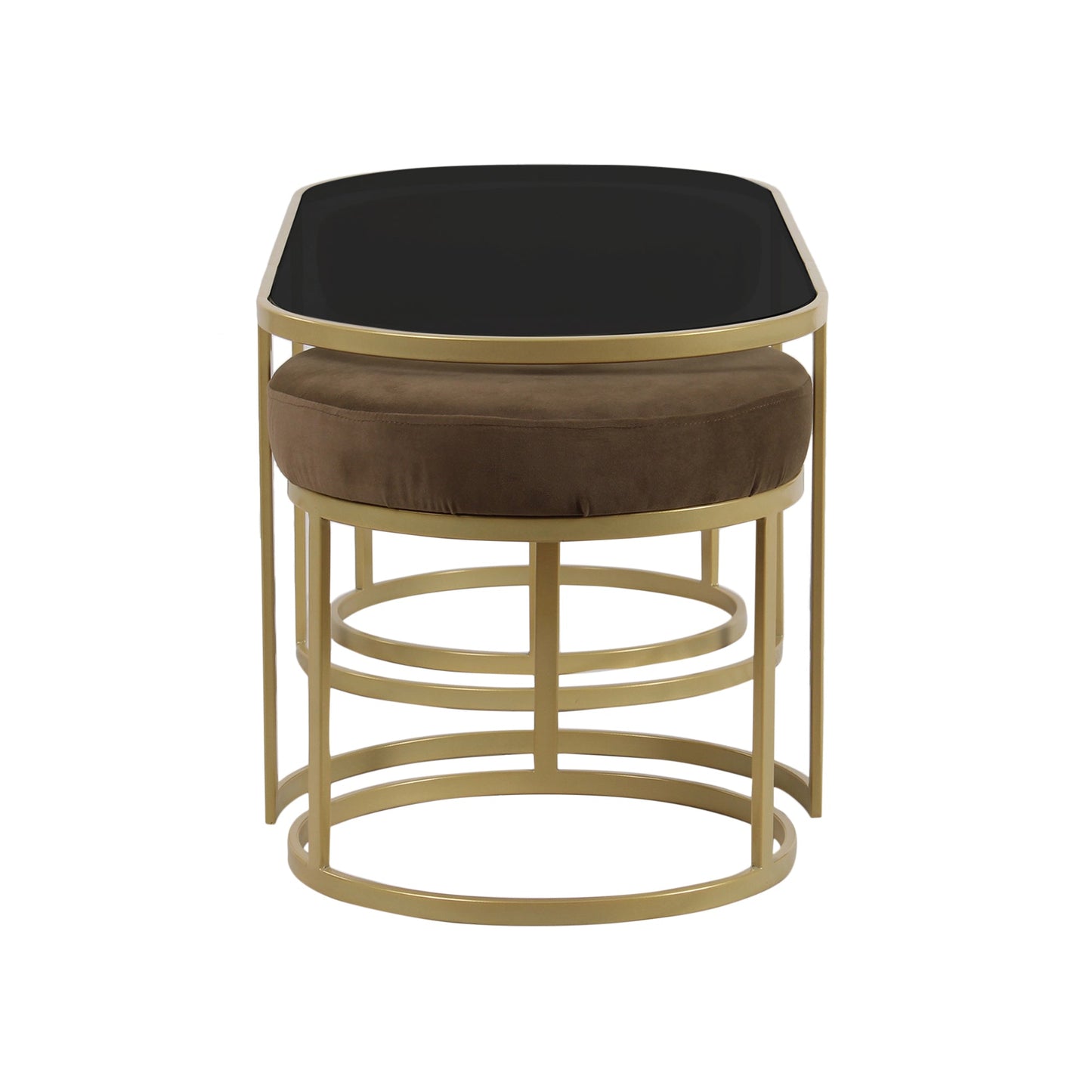 BeanBistro Black Glass Coffee Table Set With 2 Stools In Gold Finish