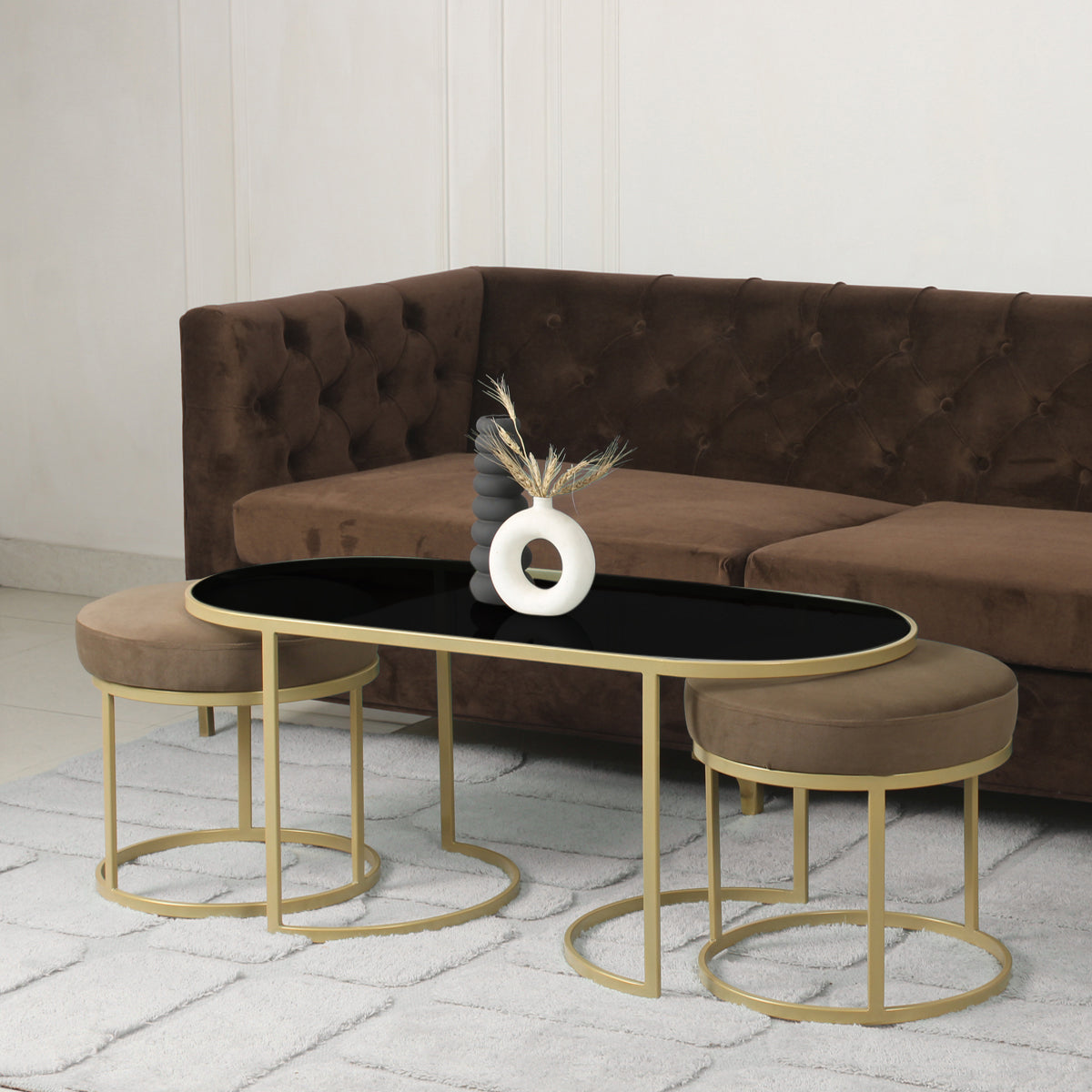 BeanBistro Black Glass Coffee Table Set With 2 Stools In Gold Finish