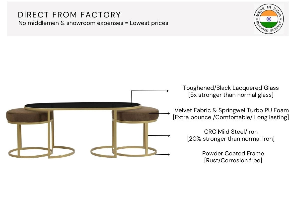 BeanBistro Black Glass Coffee Table Set With 2 Stools In Gold Finish