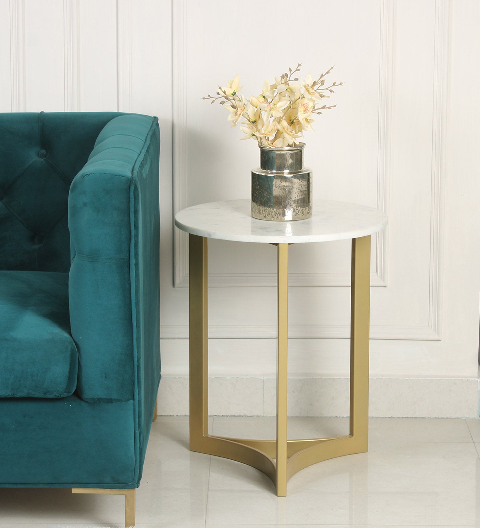 Celeste Marble Side Table In Gold Finish