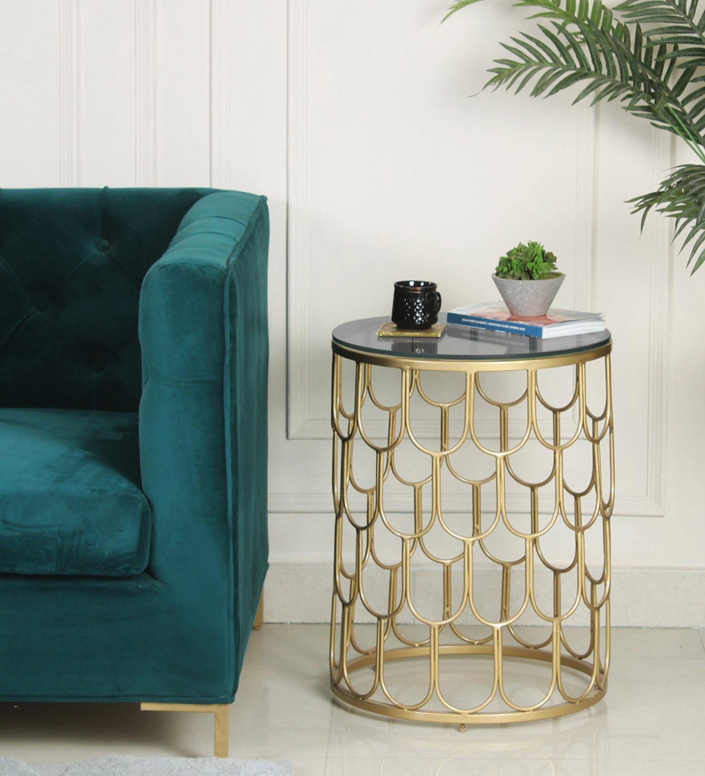 Serenity Black Glass Side Table In Gold Finish