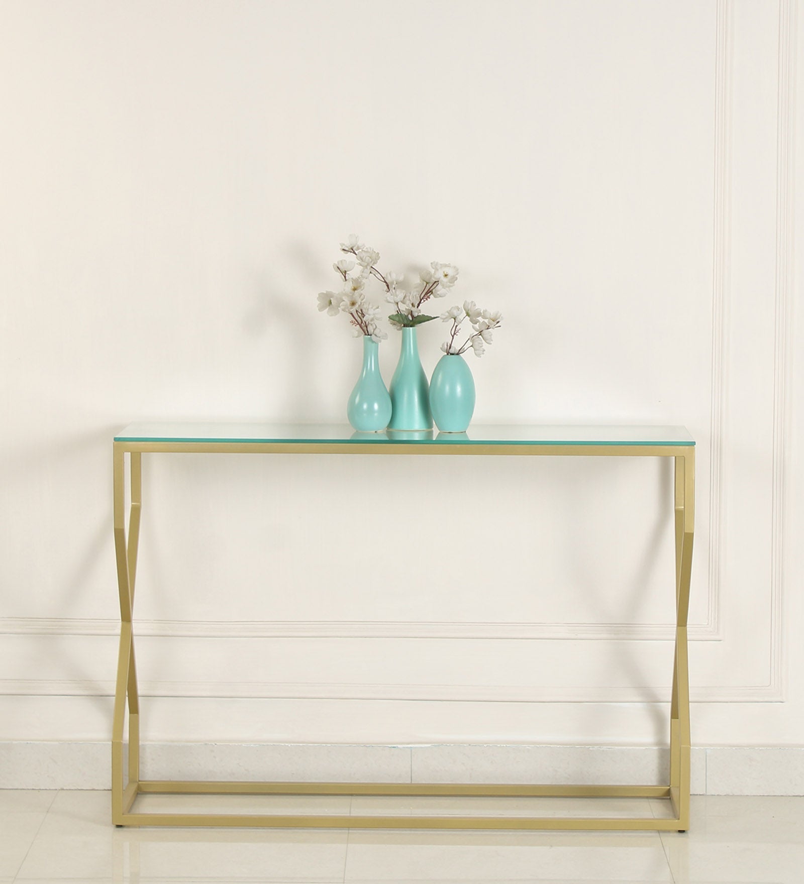 Evolve Glass Console Table In Gold Finish