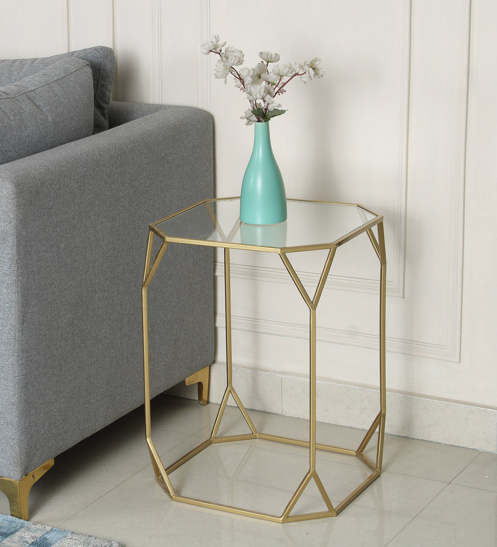 Meadow Glass Side Table In Gold Finish