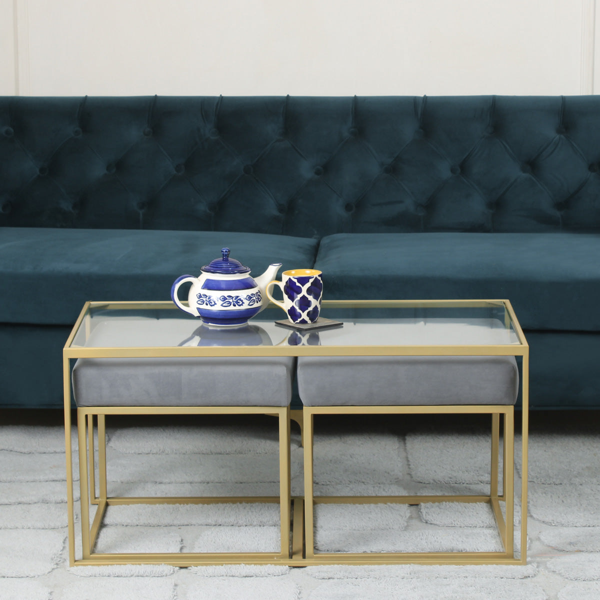 BeanBistro Clear Glass Coffee Table Set With 2 Stools In Gold Finish