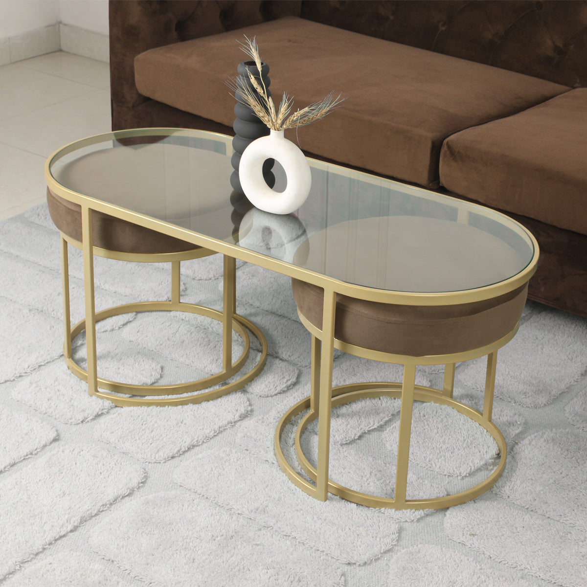 BeanBistro Clear Glass Coffee Table Set With 2 Stools In Gold Finish