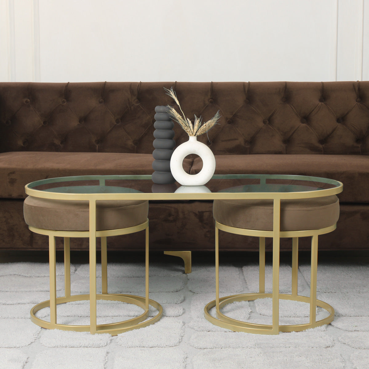 BeanBistro Clear Glass Coffee Table Set With 2 Stools In Gold Finish