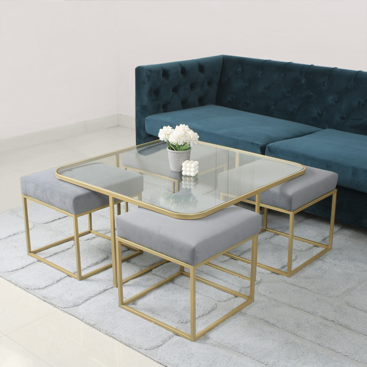 BeanBistro Clear Glass Coffee Table Set With 4 Stools In Gold Finish