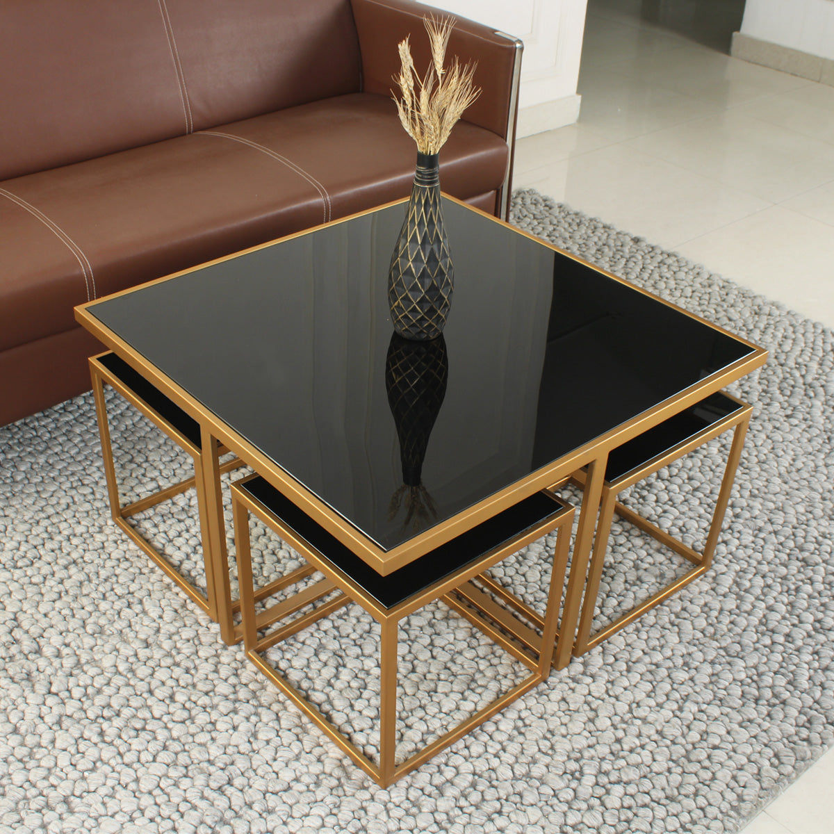 LatteLedge Black Glass Nesting Coffee Table in Dark Gold Finish(Set Of 5)